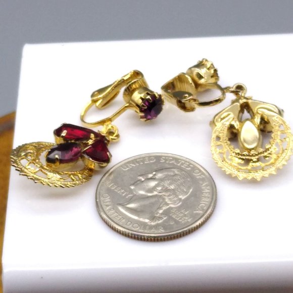 Vintage Filigree Dangle Earrings with Deep Red and Purple Teardrop Crystals - Picture 4 of 4